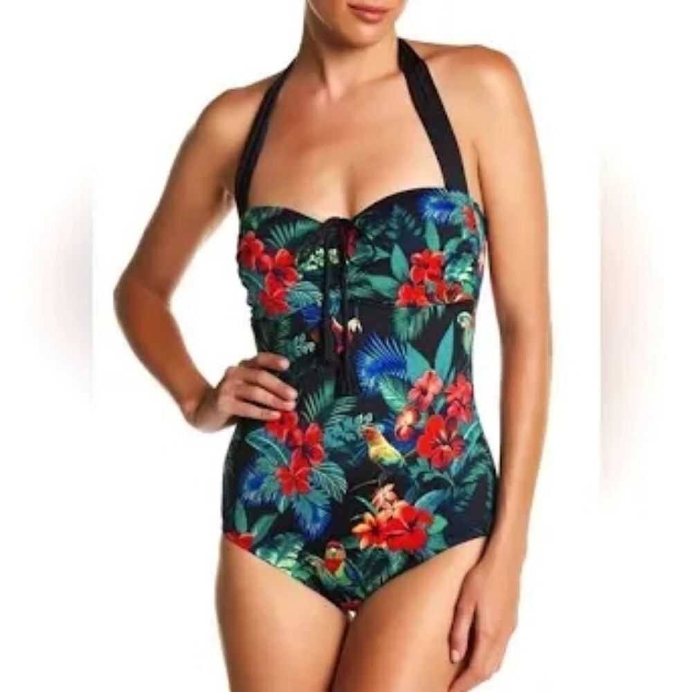 Tommy Bahama Jungle Flora Tie-Front Halter One-Piece Swimsuit Size 14